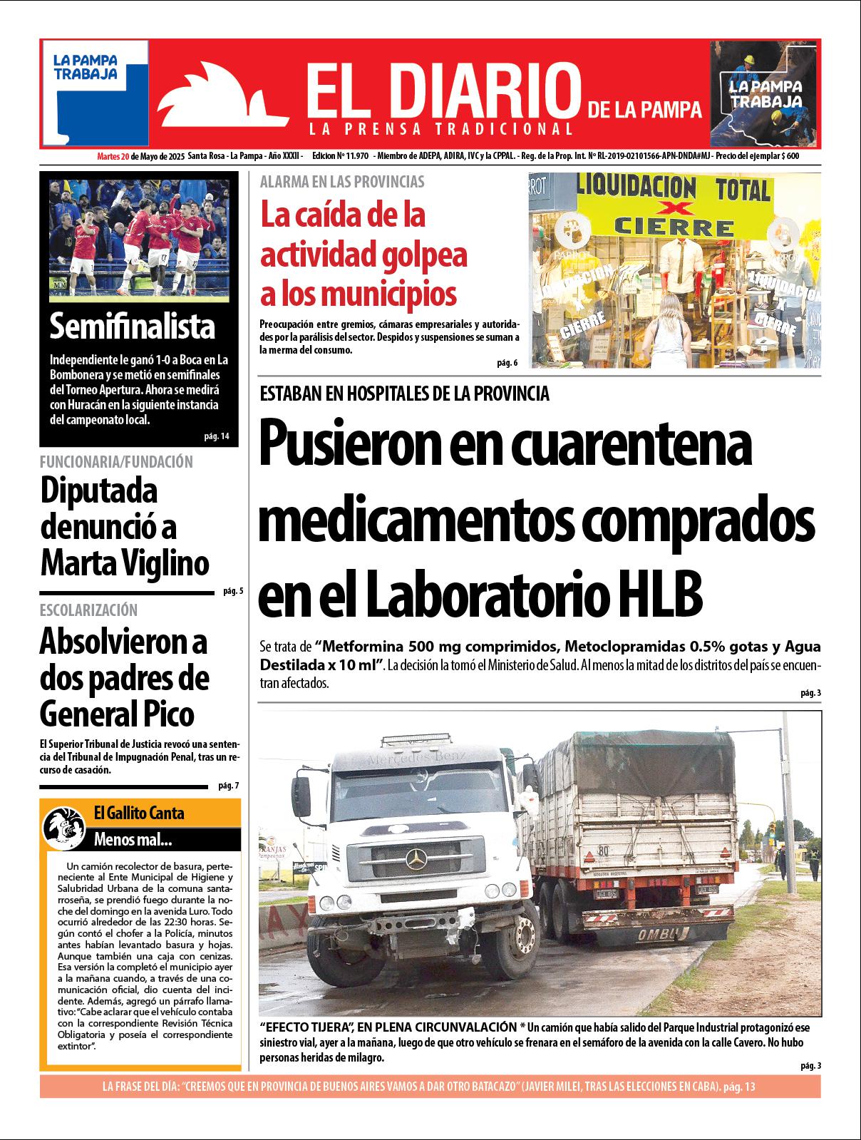 Tapa de El Diario en papel  martes 20 de mayo de 2025